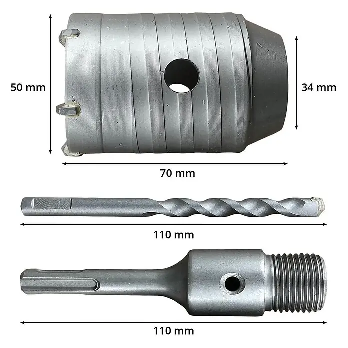 ALLEGRA Bohrkrone 50 mm - 1 Stk., Durchmesser Bohrer: 50 mm - Ein graues SDS-Bohrkronen-Set: eine 50x70mm Bohrkrone, ein 110mm Zentrierbohrer und ein 110mm SDS-Schaftadapter.