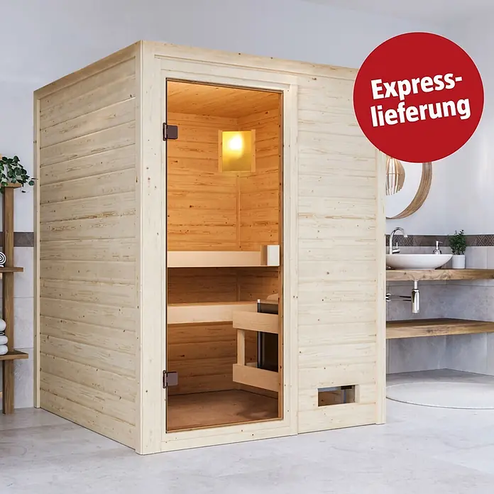 Karibu Elementsauna Njord - Ohne Ofen, Natur, L x B x H: 145 x 145 x 187 cm - Helle Holzsaunakabine mit Glastür in einem Badezimmer. Text: „Express-lieferung“.
