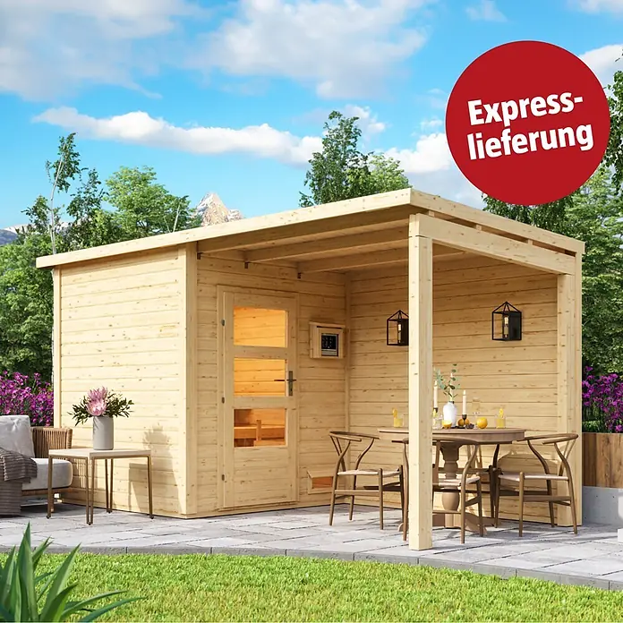 Karibu Saunahaus Vidar - 9 KW Ofen mit interner Steuerung, Natur, L x B x H: 196 x 196 x 227,5 cm - Helles Holzsaunahaus mit angebauter Pergola und Außenterrasse im Garten.