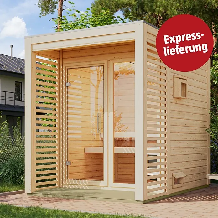Karibu Saunahaus Heimdall - 9 KW Ofen mit interner Steuerung, Natur, L x B x H: 276 x 191 x 231,5 cm - Helle Holz-Außensauna mit Glastüren und Lamellenwänden, im Garten, mit 'Express-lieferung'.