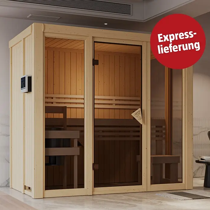 Karibu Elementsauna Balder - L x B x H: 122 x 216 x 198 cm, Plug & Play 3,6 KW Ofen mit interner Steuerung - Eine helle Holzsaunakabine mit Glastüren und digitalem Bedienfeld in einem modernen Raum.