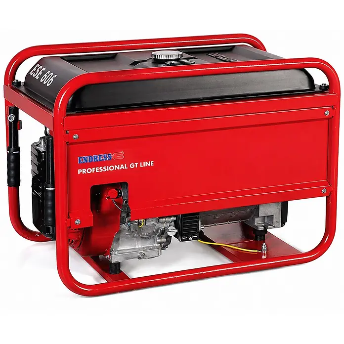 Endress Stromerzeuger ESE 606 DHS-GT - Nennleistung: 5,6 kW, Tankvolumen: 30 l - Roter, tragbarer Endress Generator ESE 606 mit schwarzem Oberteil und sichtbaren Motorkomponenten.