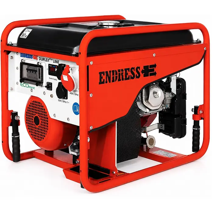 Endress Stromerzeuger ESE 606 DHG-GT ISO DUPLEX - Nennleistung: 4,8 kW, Tankvolumen: 33 l - Roter und schwarzer ENDRESS DUPLEXplus LINE Stromerzeuger mit Bedienfeld, verschiedenen Steckdosen und sichtbaren Motorkomponenten.