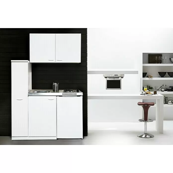 Respekta Minicocina Levin - 130 cm, Blanco, Placa 2 fogones y frigorífico - Mueble de cocina compacto blanco con fregadero, placa, nevera y armarios superiores, integrado en un espacio moderno con barra de desayuno.