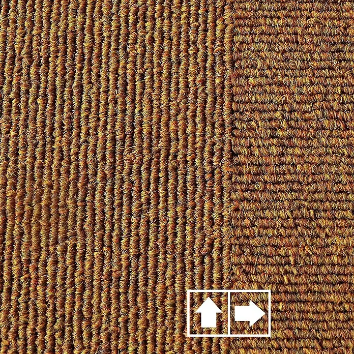 Floordirekt Teppichfliese Lyonn - 50 x 50 cm - 0,25 m² - Gelb -  - Braune Fasermatte mit zwei unterschiedlichen Florrichtungen: vertikale Rippen links, horizontale Schlingen rechts. Pfeile sind abgebildet.