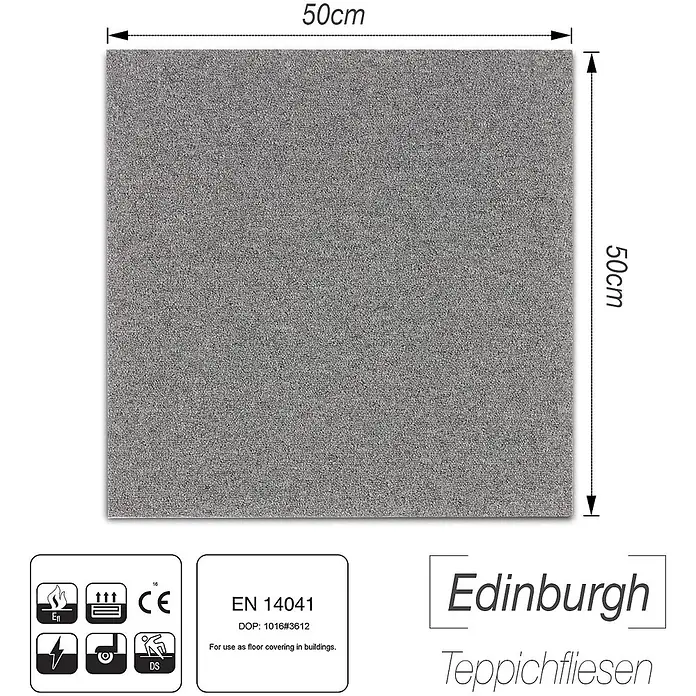 Floordirekt Teppichfliese Edinburgh - 50 x 50 cm - 0,25 m² - Hellgrau -  - Eine 50x50 cm große graue Teppichfliese zur Verwendung als Bodenbelag in Gebäuden.