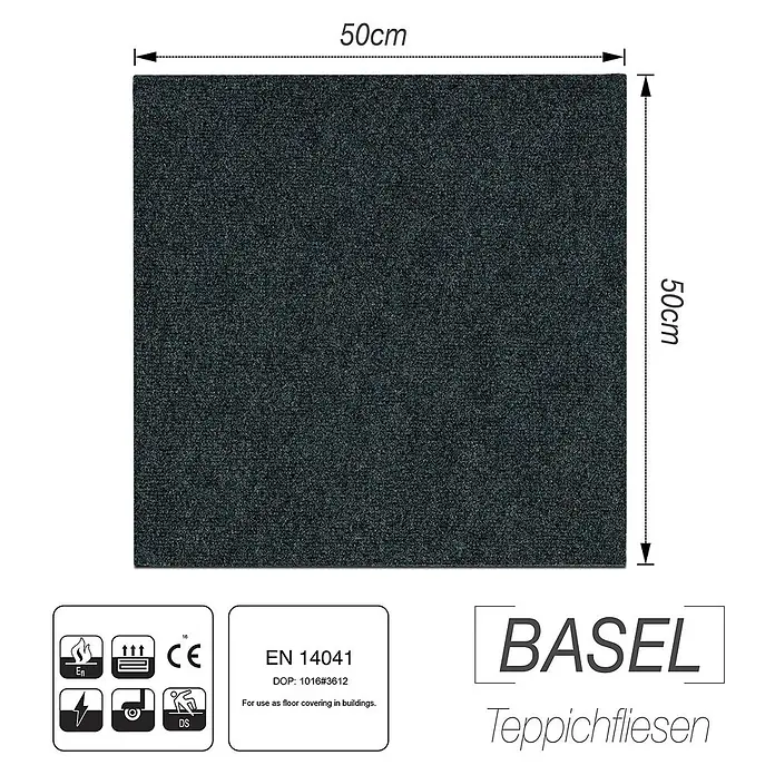 Floordirekt Teppichfliese Basel - 50 x 50 cm - 0,25 m² - Grün -  - Anthrazit 50x50 cm Teppichfliese, Bodenbelag für Gebäude.