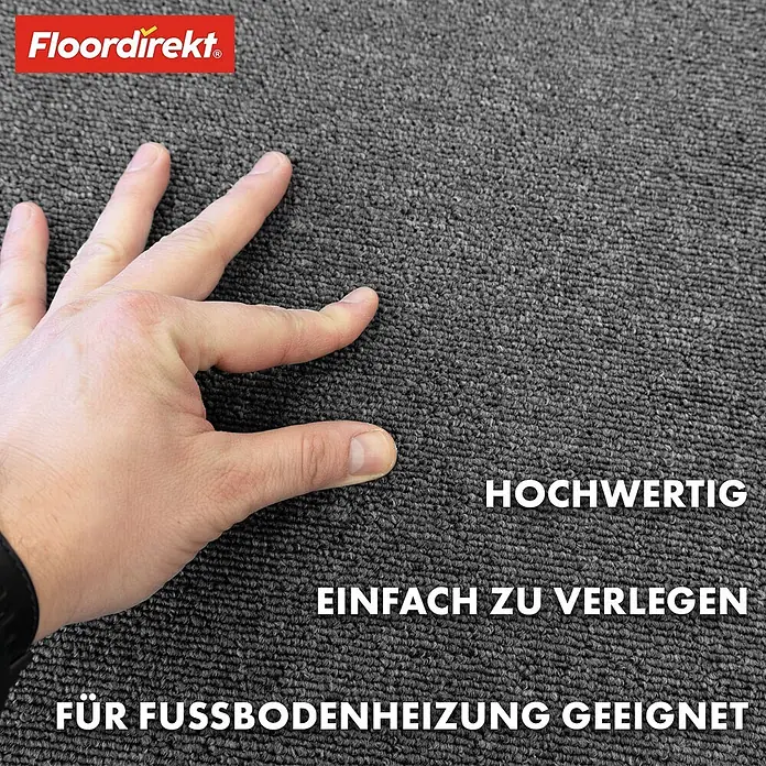Floordirekt Teppichfliese Moscow 50 x 50 cm Dunkelgrau -  - Dunkelgrauer strukturierter Teppich, von einer Hand gedrückt, betont hohe Qualität, einfache Verlegung und Eignung für Fußbodenheizung.