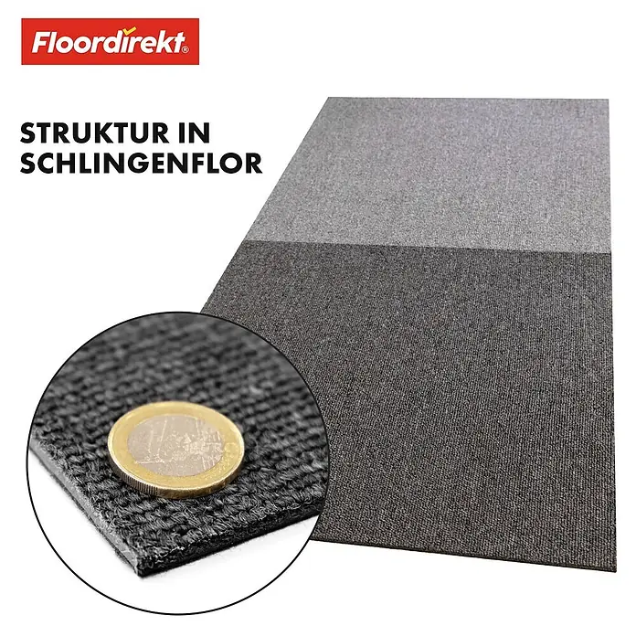 Floordirekt Teppichfliese Moscow 50 x 50 cm Dunkelgrau -  - Graue Teppichfliese mit Schlingenflor-Struktur, Detailansicht der Textur mit Euromünze als Größenvergleich.