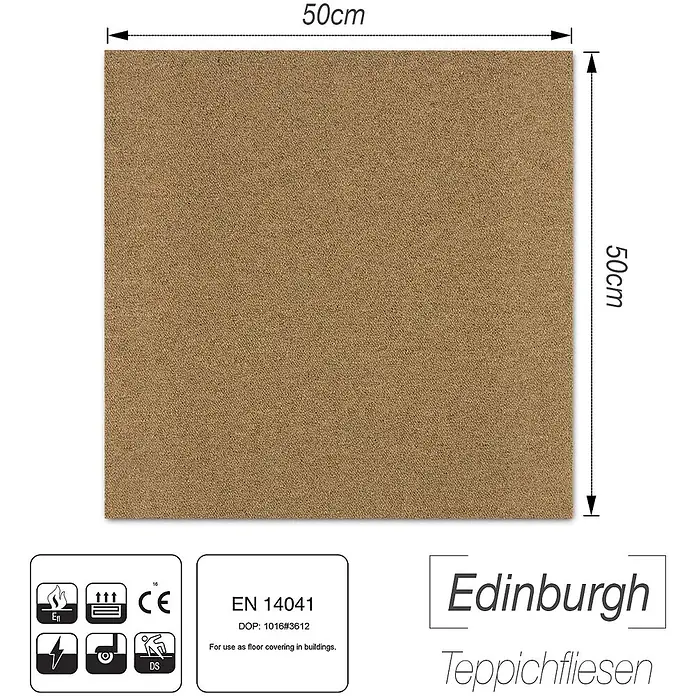 Floordirekt Teppichfliese Edinburgh - 50 x 50 cm - 0,25 m² - Beige -  - Braune Teppichfliese, 50x50 cm, für den Bodenbelag in Gebäuden.