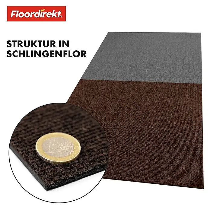 Floordirekt Teppichfliese Moscow 50 x 50 cm Dunkelbraun -  - Braune und graue Schlingenflormatte mit Detailansicht der Textur und einer Euromünze zum Größenvergleich.