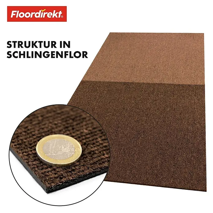 Floordirekt Teppichfliese Moscow Selbstliegend 50 x 50 cm 0,25 m² Beige -  - Brauner Schlingenflor-Teppich in zwei Farbtönen, zeigt texturierte Oberfläche und Dicke mit einer Euro-Münze als Größenvergleich.