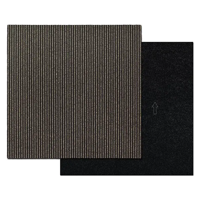 Floordirekt Teppichfliese Bohemia Braun 50 x 50 cm 0,25 m² -  - Gestreifte Teppichfliese, dunkelbraun und beige, mit schwarzer Filzunterseite und Richtungspfeil.