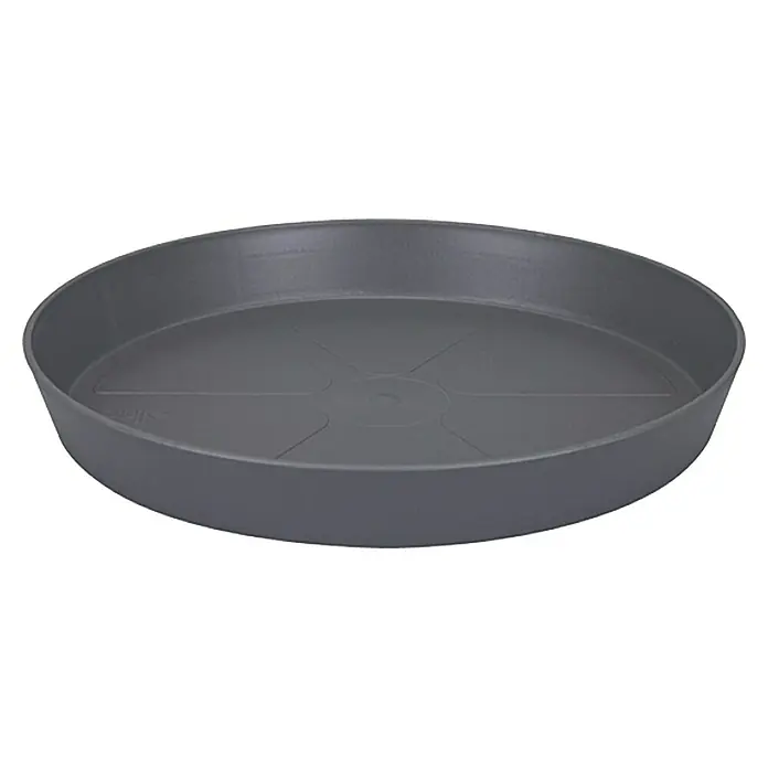 Elho Loft Urban Plato redondo para maceta - Dimensiones externas (Ø x Al): 34 x 5 cm, Plástico, Antracita - Imagen de un plato redondo y gris para macetas. Protección práctica contra las manchas de agua en superficies interiores.