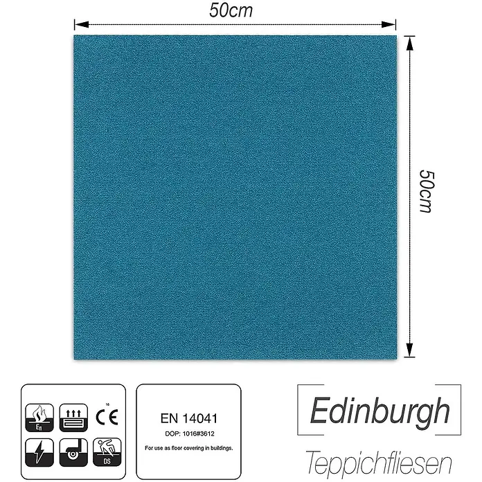 Floordirekt Teppichfliese Edinburgh - 50 x 50 cm - 0,25 m² - Türkis -  - 50x50cm türkise Teppichfliese, geeignet als Bodenbelag in Gebäuden.