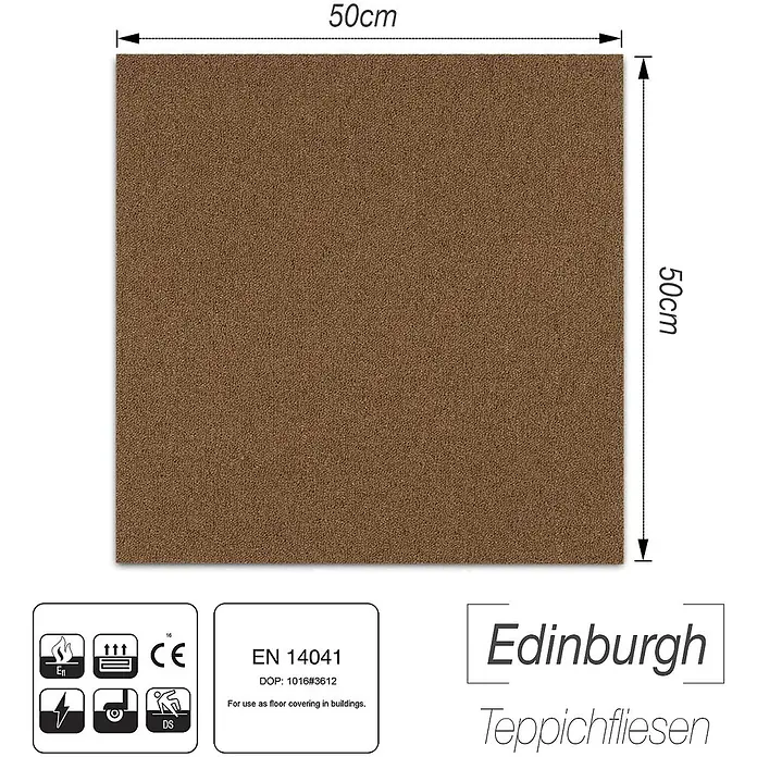 Floordirekt Teppichfliese Edinburgh - 50 x 50 cm - 0,25 m² - Braun -  - Braune 50x50 cm Teppichfliese für Innenraumböden.
