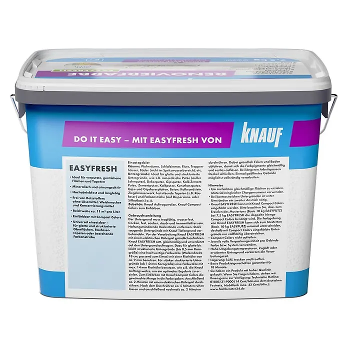 Knauf Wandfarbe Easyfresh - Mineralfarbe, Spezialfarbe, Schneeweiß, Stumpfmatt, 7,5 kg - Weiß-blauer Knauf EASYFRESH Farbeimer mit Produktinformationen.