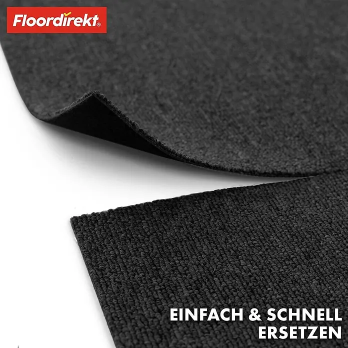 Floordirekt Teppichfliese Moscow Selbstliegend 50 x 50 cm 0,25 m² Anthrazit -  - Zwei dunkelgraue Teppichstücke, eines angehoben, um die Rückseite zu zeigen. Einfach und schnell zu ersetzen.