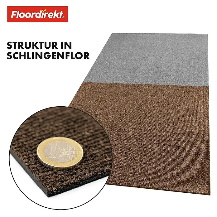 Floordirekt Teppichfliese Moscow Selbstliegend 50 x 50 cm 0,25 m² Hellbraun -  - Braune und graue Schlingenflor-Bodenmatte, Nahaufnahme zeigt die strukturierte Oberfläche und eine Euro-Münze zum Größenvergleich.