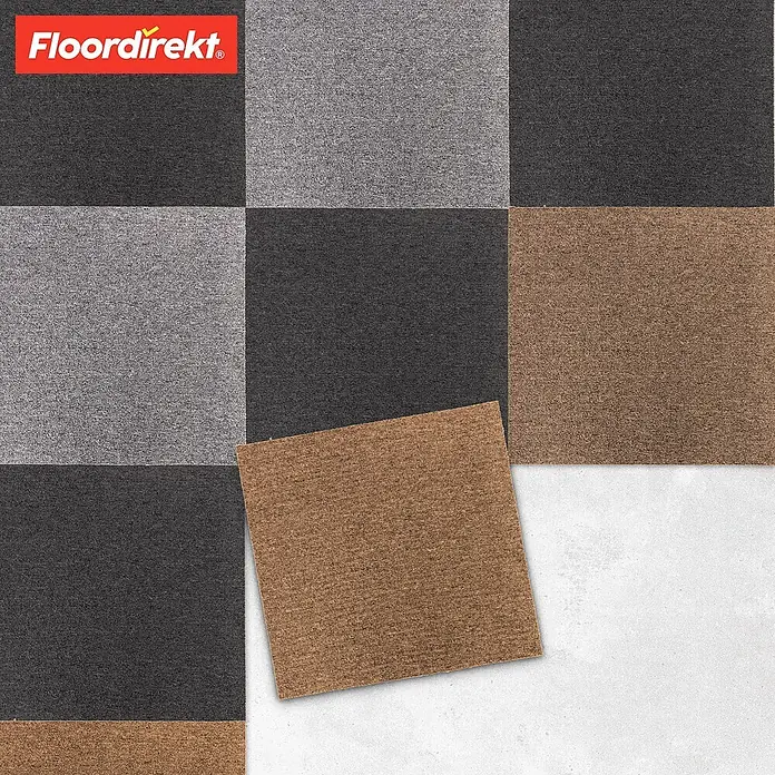 Floordirekt Teppichfliese Moscow Selbstliegend 50 x 50 cm 0,25 m² Hellbraun -  - Gitter aus hellgrauen, dunkelgrauen und braunen Teppichfliesen, mit einer losen braunen Fliese.