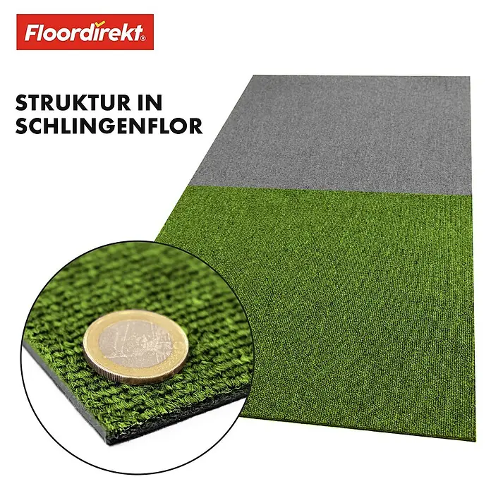 Floordirekt Teppichfliese Moscow 50 x 50 cm Grün -  - Grüner und grauer Schlingenflor-Teppich mit Detailansicht der Textur und einer Euro-Münze zum Größenvergleich.