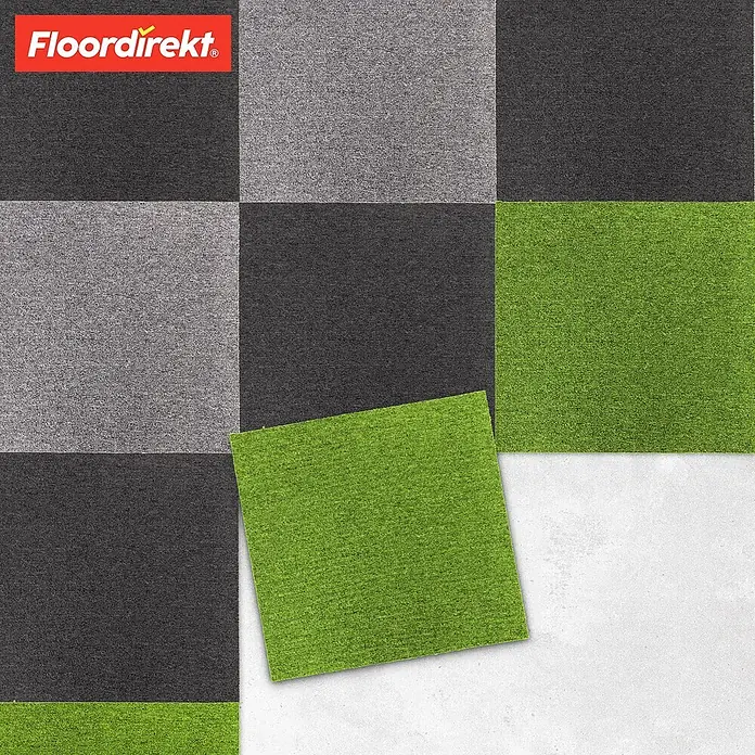 Floordirekt Teppichfliese Moscow 50 x 50 cm Grün -  - Modulare Teppichfliesen in Dunkelgrau, Hellgrau und Limettengrün, eine grüne Fliese diagonal platziert.