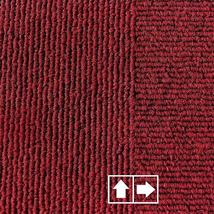 Floordirekt Teppichfliese Lyonn - 50 x 50 cm - 0,25 m² - Rot -  - Rote gerippte Teppich- oder Fußmattenstruktur, links vertikale, rechts horizontale Rippen.