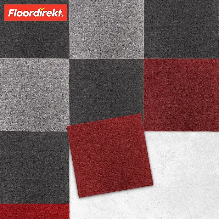 Floordirekt Teppichfliese Moscow Selbstliegend 50 x 50 cm 0,25 m² Rot -  - Verbundene Teppichfliesen in Rot, Hellgrau und Dunkelgrau, mit einer roten Fliese diagonal platziert.