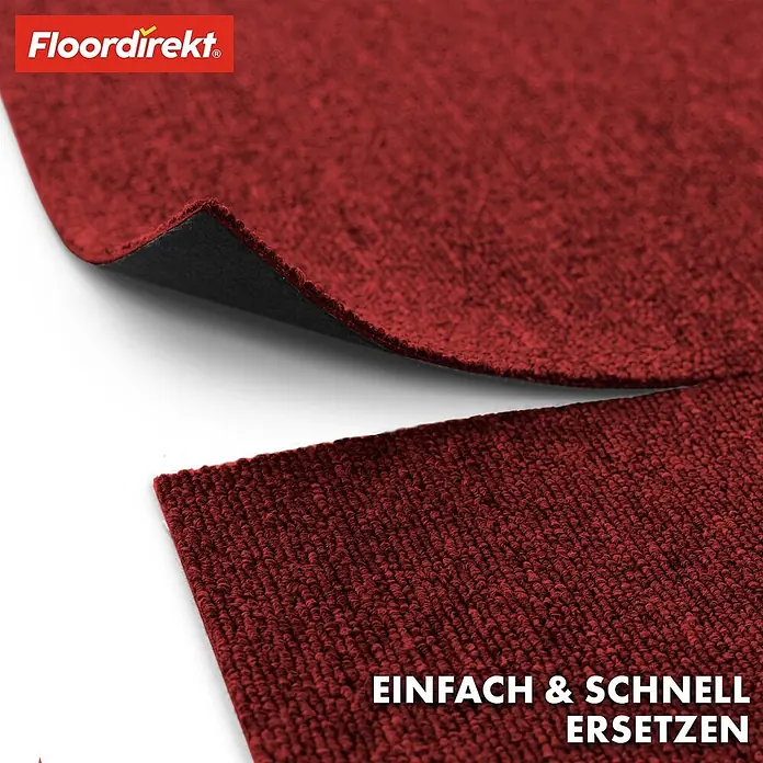 Floordirekt Teppichfliese Moscow Selbstliegend 50 x 50 cm 0,25 m² Rot -  - Rote, strukturierte Teppichstücke mit schwarzer Unterseite, eines angehoben, um einfachen Austausch zu zeigen.
