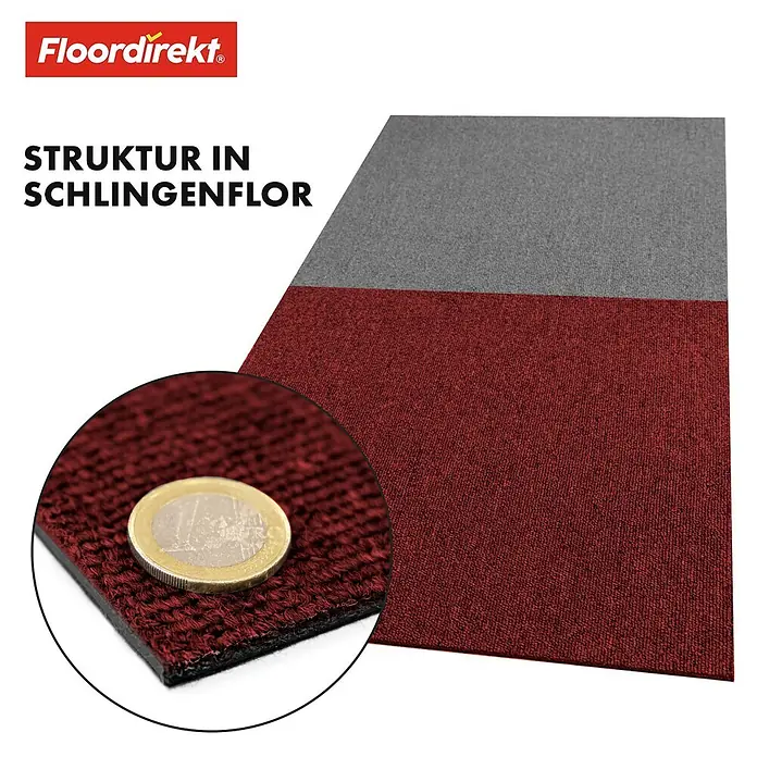 Floordirekt Teppichfliese Moscow Selbstliegend 50 x 50 cm 0,25 m² Rot -  - Zweifarbiger rot-grauer Schlingenflor-Teppichmuster. Nahaufnahme zeigt Textur mit einer Euro-Münze.