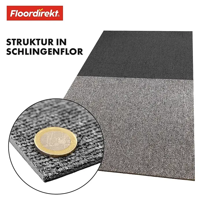 Floordirekt Teppichfliese Moscow 50 x 50 cm Grau -  - Zwei graue Teppichfliesen, eine dunkel, eine hell, mit Schlingenflor-Struktur. Nahaufnahme zeigt Textur mit Euro-Münze als Größenvergleich.