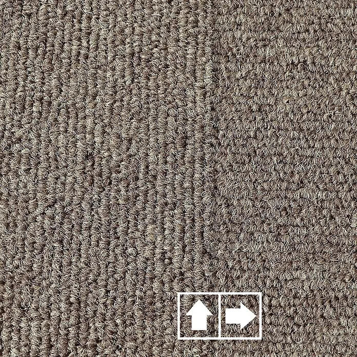 Floordirekt Teppichfliese Lyonn - 50 x 50 cm - 0,25 m² - Beige -  - Brauner Teppichmuster mit zwei Texturen: Rippenflor links, dichter Flor rechts, mit Pfeilen.