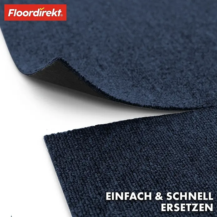Floordirekt Teppichfliese Moscow Selbstliegend 50 x 50 cm 0,25 m² Blau -  - Dunkelblaue Teppichfliese, die ihre strukturierte Oberfläche und Unterseite zeigt, leicht austauschbar.