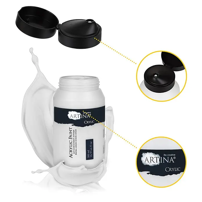 Artina Acrylfarbe Crylic -  - Weiße Artina Crylic Acrylfarbenflasche (500ml) mit offenem schwarzem Klappdeckel, umgeben von weißen Farbspritzern.