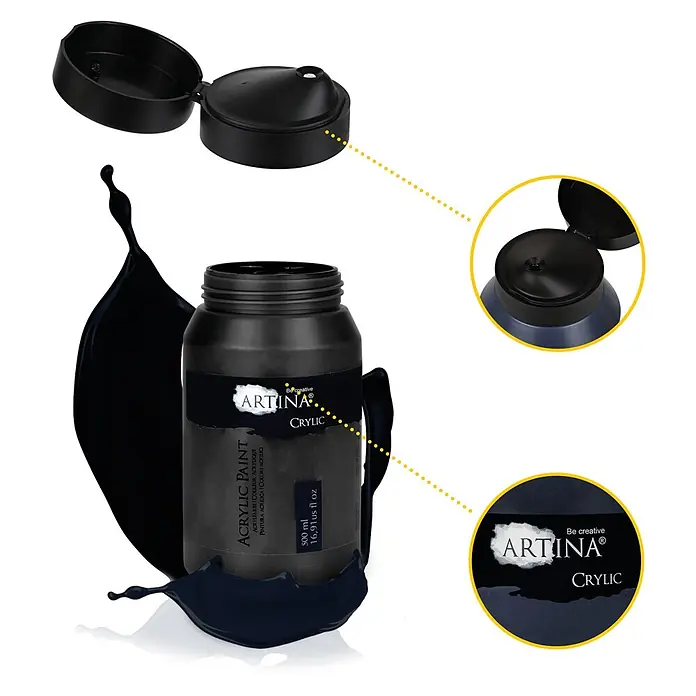 Artina Acrylfarbe Crylic -  - Schwarze Artina Acrylfarbflasche mit offenem Klappverschluss, Farbe spritzt.