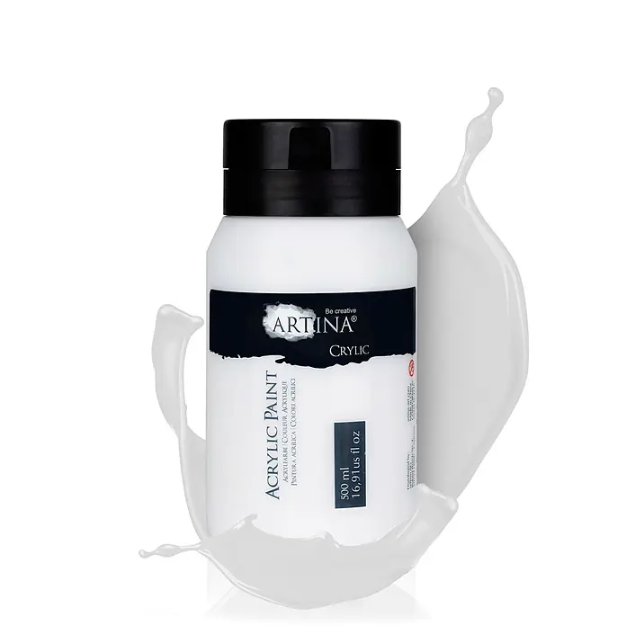 Artina Acrylfarbe Crylic -  - Weiße Artina Acrylfarbe 500ml Flasche mit schwarzem Deckel, umgeben von einem weißen Farbspritzer.