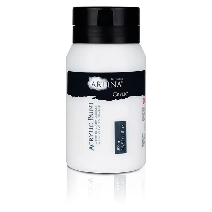 Artina Acrylfarbe Crylic -  - Weiße 500ml Acrylfarbenflasche mit schwarzem Deckel und Etikett.