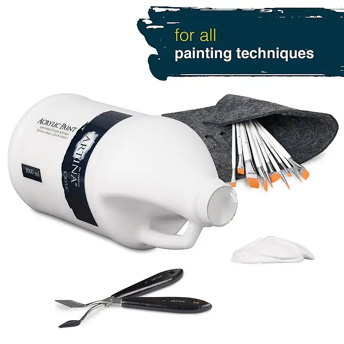 Artina Acrylfarbe Crylic -  - Weißer 2000ml Acrylfarbenbehälter, weiße Pinsel in grauer Rolle und zwei schwarze Spachtelmesser.