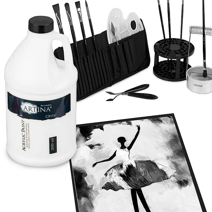 Artina Acrylfarbe Crylic -  - Umfassendes ARTINA Acrylmalerei-Set mit 2000ml weißer Farbe, Pinseln, Spachteln, Palette, Pinselhalter und Reiniger.