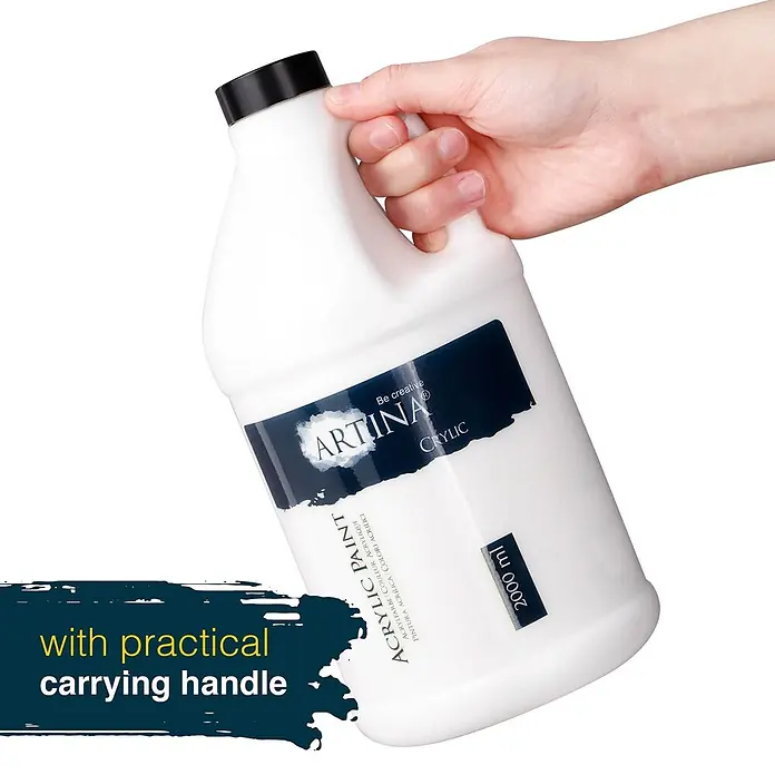 Artina Acrylfarbe Crylic -  - Eine weiße 2000 ml ARTINA Acrylfarbenflasche mit praktischem Tragegriff, von einer Hand gehalten.