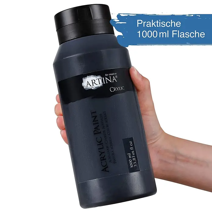 Acrylfarben 1000 ml Tube Schwarz Crylic Hohe Pigmentierun -  - Dunkelgraue 1000ml Artina Acrylfarbenflasche mit schwarzem Verschluss, von einer Hand gehalten.