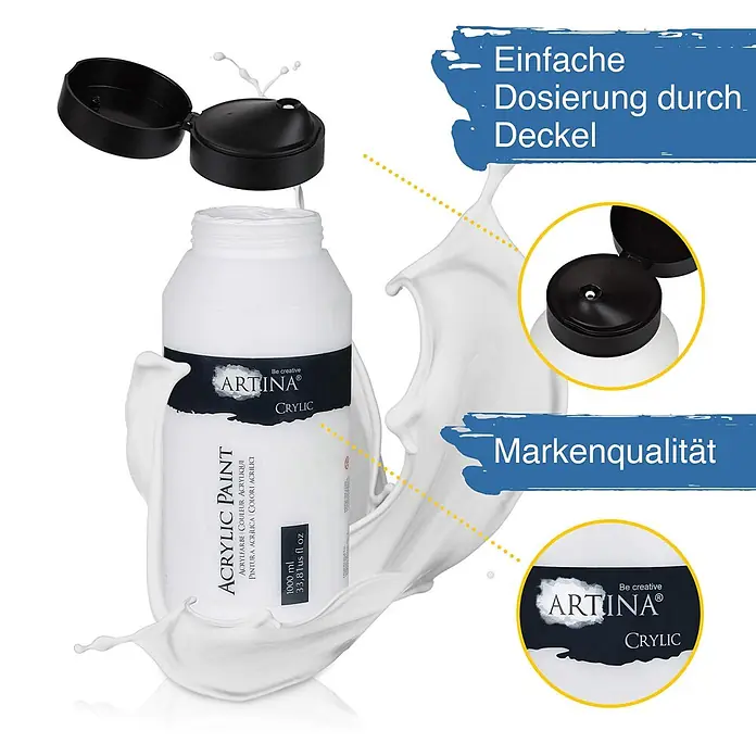 Acrylfarben 1000 ml Tube Titanweiss Crylic Hohe Pigmentierun -  - Weiße 1000ml Artina Crylic Acrylfarbe Flasche mit schwarzem Klappverschluss.