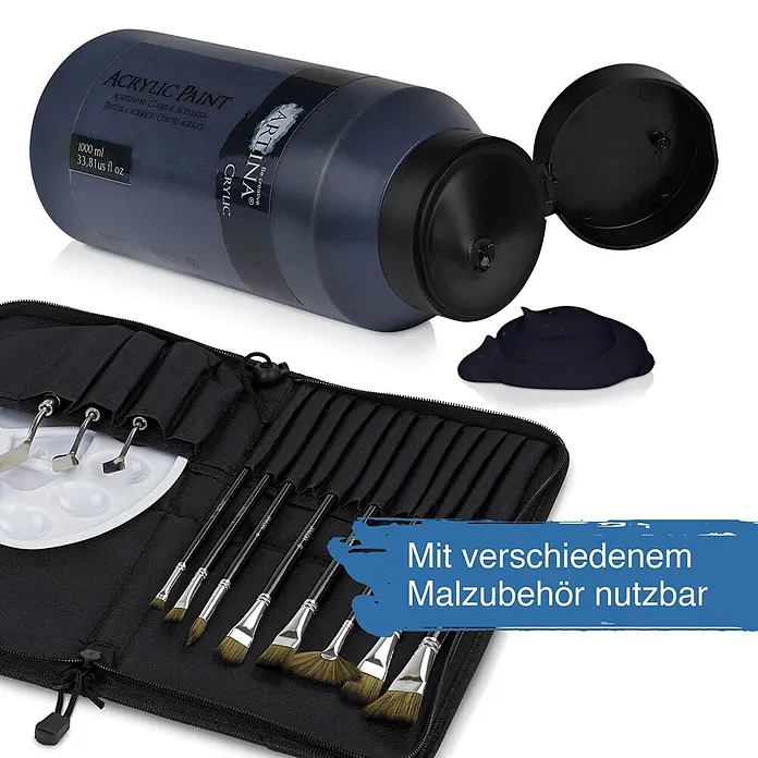 Acrylfarben 1000 ml Tube Schwarz Crylic Hohe Pigmentierun -  - Große 1000ml dunkelblaue Acrylfarbenflasche, Farbtupfer, offene schwarze Rolltasche mit Pinseln, Spachteln und weißer Palette.