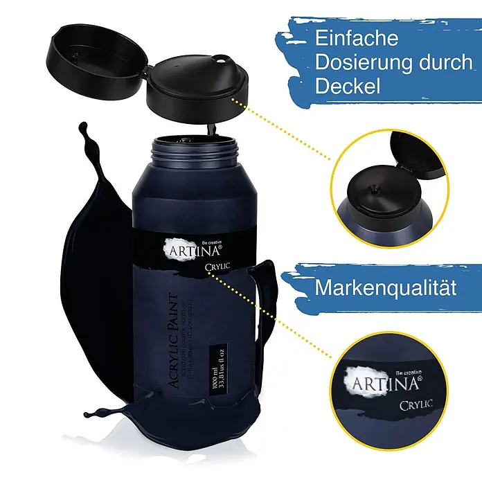 Acrylfarben 1000 ml Tube Schwarz Crylic Hohe Pigmentierun -  - Große schwarze ARTINA CRYLIC Acrylfarbenflasche mit geöffnetem Dosierdeckel und verschütteter schwarzer Farbe. 1000 ml.