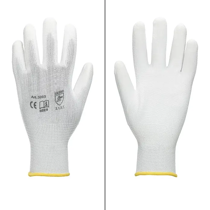 ECD Germany Arbeitshandschuhe Mechanikerhandschuhe Größe: M atmungsaktiv & rutschfest - Weiß, Polyester - Paar weiße Strickhandschuhe mit gelben elastischen Bündchen.