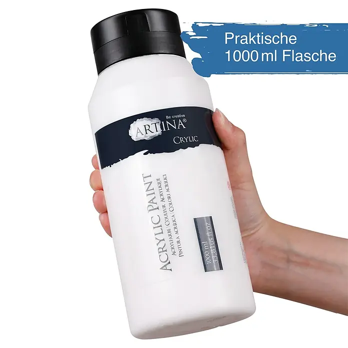 Acrylfarben 1000 ml Tube Titanweiss Crylic Hohe Pigmentierun -  - Weiße ARTINA CRYLIC Acrylfarbenflasche, 1000 ml, von einer Hand gehalten.