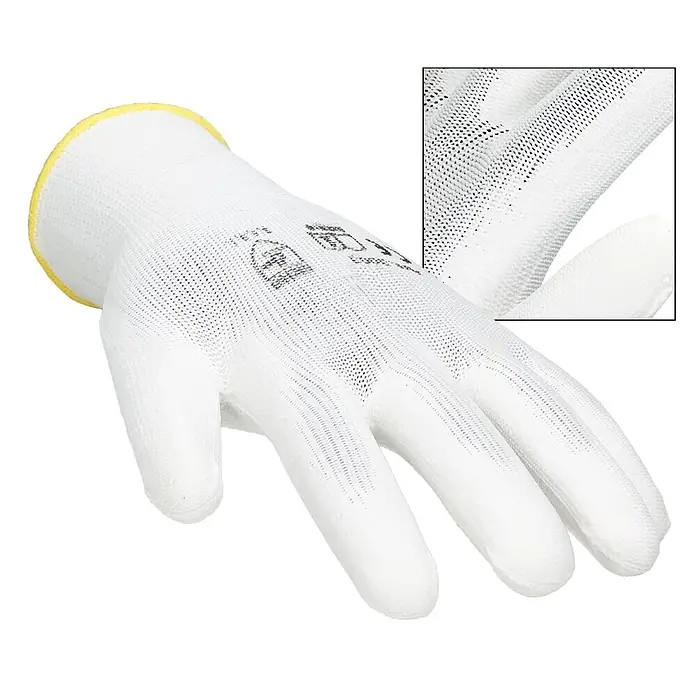 ECD Germany Arbeitshandschuhe Mechanikerhandschuhe Größe: M atmungsaktiv & rutschfest - Weiß, Polyester - Weißer gestrickter Schutzhandschuh mit gelbem Bund und gepunkteter Handfläche für Griffigkeit.