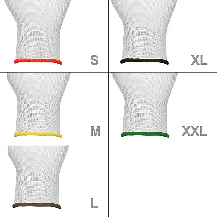 ECD Germany Arbeitshandschuhe 4er Set Mechanikerhandschuhe Größe: S Weiß atmungsaktiv & rutschfest - Weiß, Polyester - Weiße gestrickte Handschuhbündchen mit farbigen Gummibändern, die die Größen S (rot), M (gelb), L (braun), XL (dunkelgrün), XXL (grün) anzeigen.