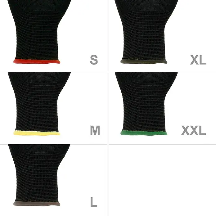 ECD Germany Arbeitshandschuhe 24er Set Mechanikerhandschuhe Größe: S atmungsaktiv & rutschfest - Schwarz, Polyester - Schwarze Strickhandschuhe in verschiedenen Größen (S-XXL), identifiziert durch ihre farbcodierten Bündchen.