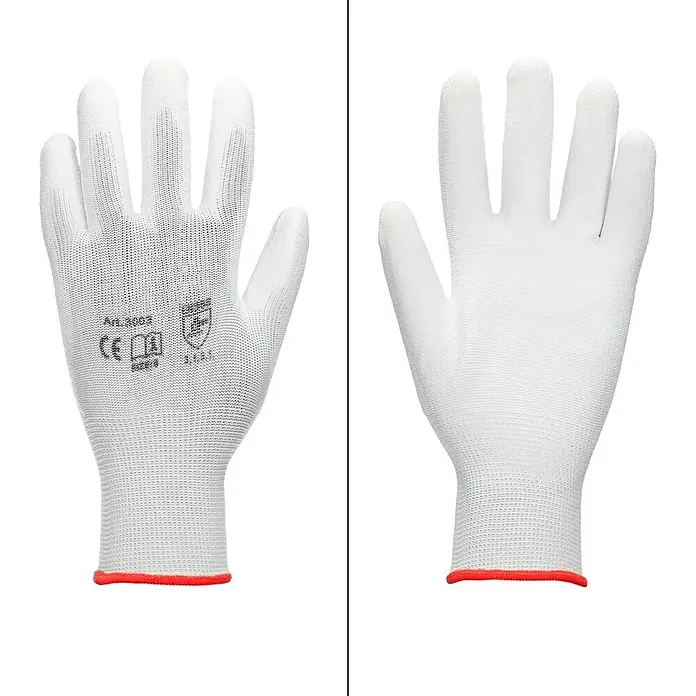 ECD Germany Arbeitshandschuhe 4er Set Mechanikerhandschuhe Größe: S Weiß atmungsaktiv & rutschfest - Weiß, Polyester - Weiße Strickhandschuhe mit roten Bündchen, Vorder- und Rückansicht.